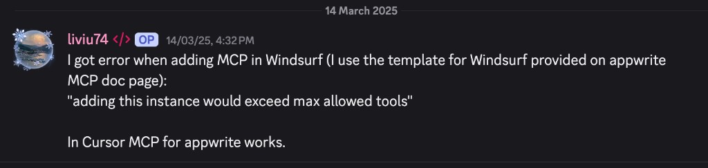 Discord report from liviu74: Windsurf error 'adding this instance would exceed max allowed tools' when adding Appwrite MCP